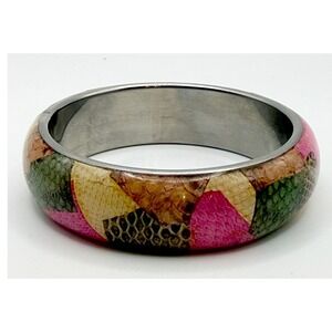 Colorful Patchwork Bangle Bracelet 3/4" Wide Silver Tone 8"